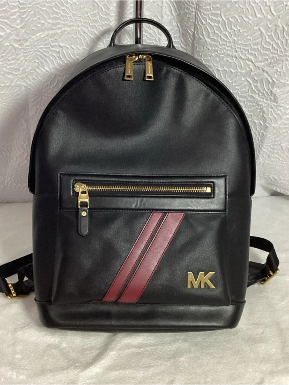 Michael Kors Hudson Commuter Logo Stripe Black Leather Trim Unisex Backpack READ